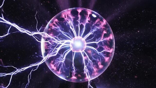 Close up of a plasma ball with moving energy filaments inside
