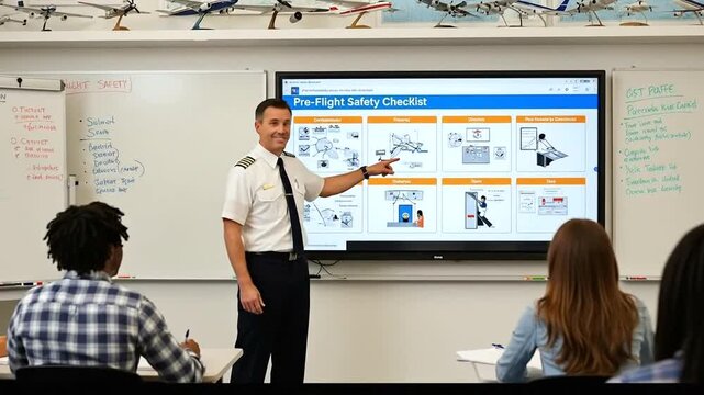 Young male pilot instructor teaching aviation students in a classroom with a presentation on screen.