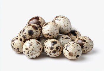 Pile of small, speckled eggs, stacked on white background. Close-up, brightly lit