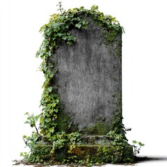Aged, moss-covered stone monument, overgrown with lush green ivy