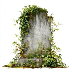 Aged, moss-covered stone monument entwined with vibrant green ivy