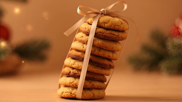 Stacked Cookies Tied with Ribbon on Wooden Surface in Festive Setting