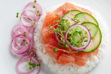 Fresh salmon, cucumber, sprouts, and red onion atop white rice