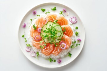Beautiful salmon and cucumber rice bowl with microgreens and floral garnish