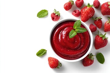 A bowl of vibrant red berry puree, garnished with mint, surrounded by fresh berries