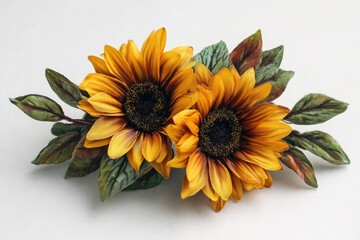 Two vibrant sunflowers with textured petals and green leaves