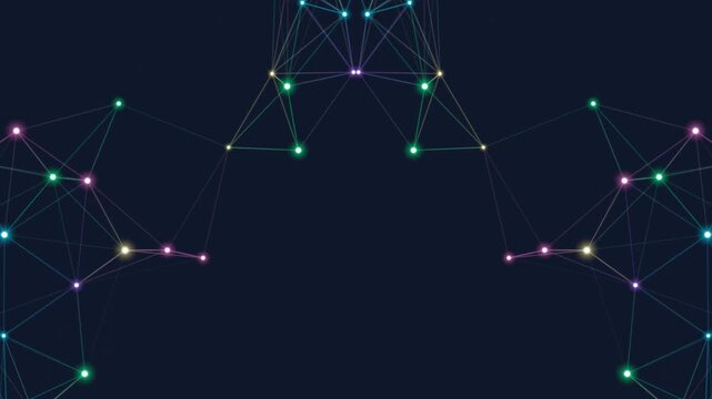 Network connections illustration with nodes and lines on dark background from overhead viewpoint
