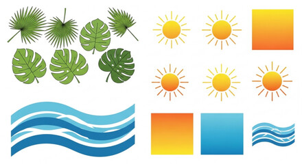 Obraz premium Tropical summer icons set with palm leaves sunny days ocean waves and gradient colors for vacation and travel design