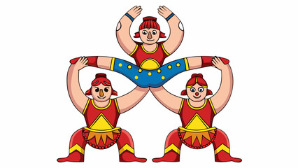 Three acrobats performing dynamic stunt together in colorful costumes