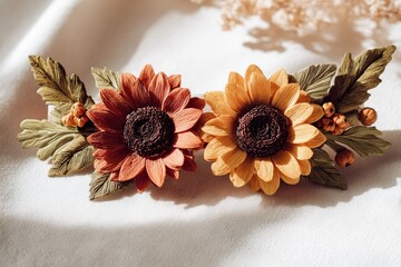 Two detailed floral hair accessories, a fall-themed hair clip, with sunflowers