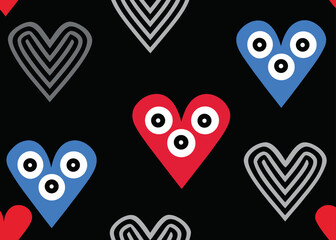 Fototapeta premium Seamless pattern featuring colorful hearts with eyes and grey concentric heart shapes on black.