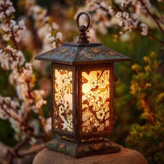 Illuminated lantern with intricate floral panels glows softly outdoors