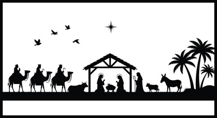 Nativity scene silhouettes with stable, star, Mary, Joseph, baby Jesus, wise men, animals, Christmas religious illustration, holiday concept design