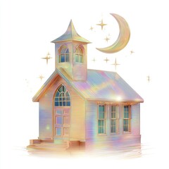Whimsical ethereal chapel with crescent moon and sparkling stars