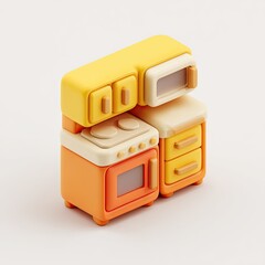 Colorful miniature kitchen set with stove, oven, cabinets, and drawers