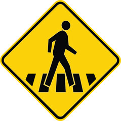 Pedestrian crossing warning sign, traffic safety symbol, road regulation icon, public safety illustration, caution drivers, walking people vector