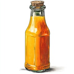 Amber liquid in clear glass bottle with cork stopper, drawing