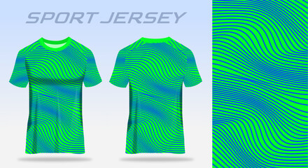 Sport jersey design in green with blue distorted line pattern, featuring dynamic athletic style, ready for sublimation printing and custom team uniform production.