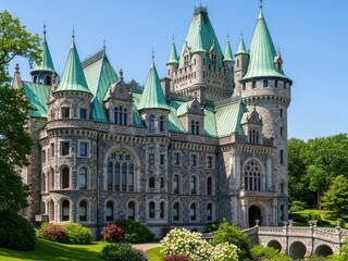 Fototapeta premium Majestic castle with turrets and green roofs in a lush garden