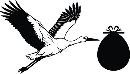 Obraz premium Silhouette vector illustration of stork flying with bundle ribbon in beak, symbolic childbirth folklore design for baby announcement