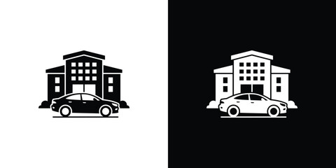 Naklejka premium A white and black illustration of a car parked in front of a building