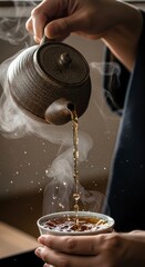 Person pouring hot tea from teapot.