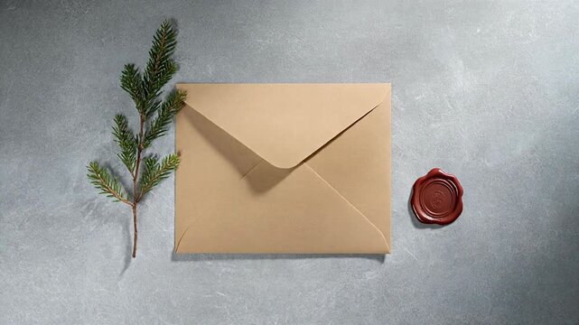 Overhead shot of a brown envelope a green branch and a red wax seal on a gray background.