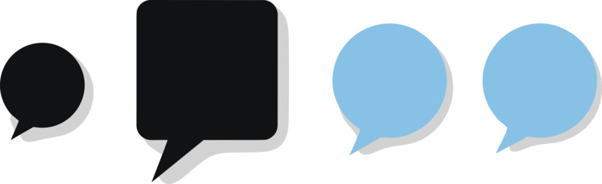 Set of speech bubbles and chat icons in black and blue colors for communication, social media, messaging, and interface design.