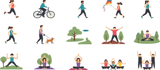 Flat vector set of people doing outdoor wellness activities including yoga meditation running cycling and walking the dog.