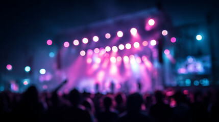 Naklejka premium Blurred image of a crowd of young people dancing and enjoying a music festival. Colorful stage lights.