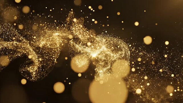 Abstract Golden Particles Floating - A stunning close-up shot showcases a mesmerizing display of golden particles floating and swirling against a deep black background.