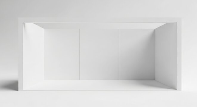 A minimalist, empty white box or room with three back panels, rendered in a clean studio setting.