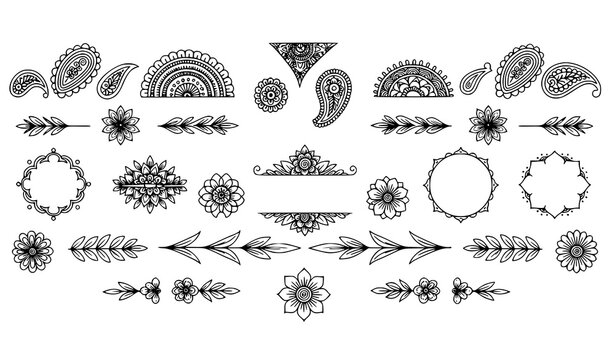 Minimal Henna Tattoo Vector Collection with Paisley and Mandala Doodle Elements