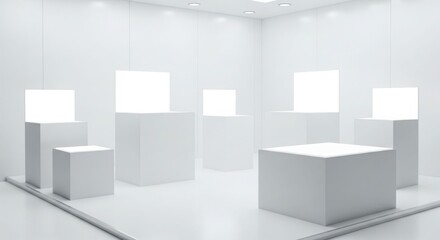 Obraz premium Bright, minimalist white exhibition room with multiple empty display pedestals and illuminated tops, ready for showcasing products or art.