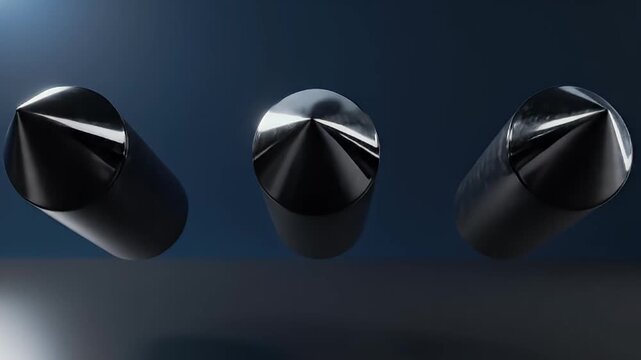 Abstract CGI animation of three black cylinders suspended in a dark, atmospheric environment