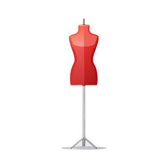 Red female dressmaker's mannequin on a metal stand.