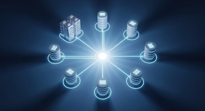 Network hub topology with multiple database servers connected to central light point