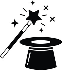 Black magic wand with star sparkles above a hat © Rehana
