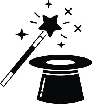 Black magic wand with star sparkles above a hat