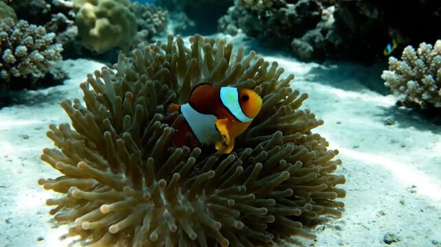 Clownfish swimming among sea anemone tentacles in vibrant coral reef underwater scene from a close-up viewpoint.