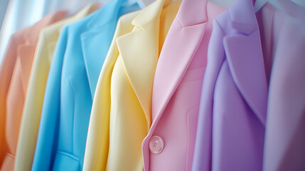 Pastel blazers arrayed on clothing rack