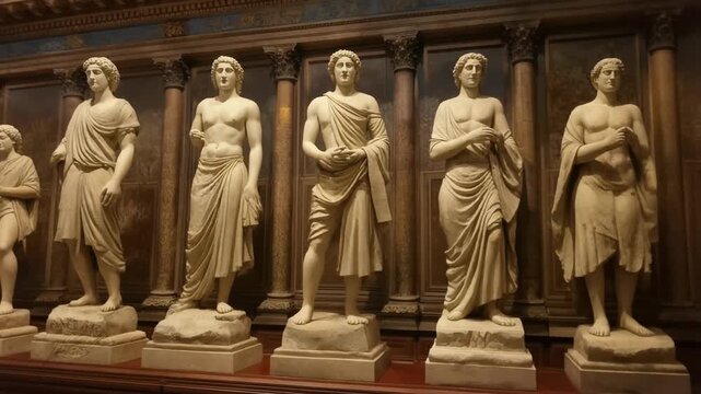 A row of sculpted classical figures. The statues stand on stone pedestals. The background features decorative panels and pillars. The color is monotone