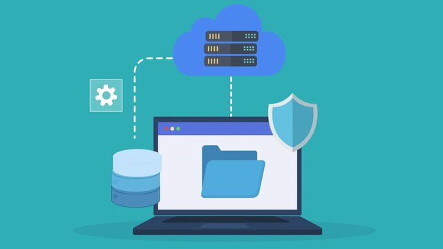 Flat vector animation showing secure cloud data backup and synchronization between laptop and server with digital storage, network connection, and cybersecurity concept.
