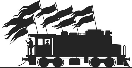Black silhouette of a vintage steam locomotive train decorated with multiple blowing flags and a conductor on a white background for celebration and travel © MdMamunur