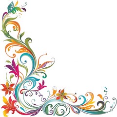 Fototapeta premium Vibrant Colorful Floral Swirl Corner Frame on White Background