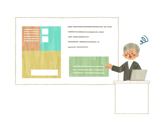 困った表情でスクリーンやホワイトボードを使って説明をする男性-ガッシュ