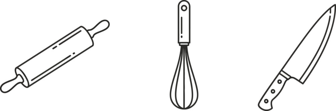 Essential kitchen utensils set featuring a rolling pin whisk and chefs knife in a minimalist outline vector style ideal for culinary and baking design elements