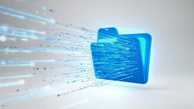 Digital folder icon with data transfer animation, blue glowing effect, and futuristic lines, symbolizing data processing, cloud storage, and digital communication.