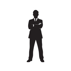 Silhouette of a single businessman standing with arms crossed showing confidence and authority in a professional setting