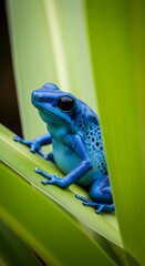 Obraz premium Exotic blue poison dart frog resting on lush green foliage.